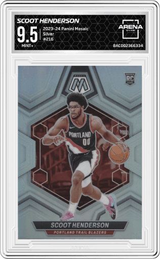 Scoot Henderson  from the 2023-24 Panini Mosaic set featuring a Silver parallel graded by Arena Club and given an overall grade of 9.5.