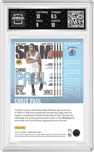 Chris Paul from the 2021-22 Panini NBA Hoops set featuring a Winter parallel graded by Arena Club and given an overall grade of 9.