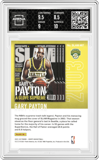 Gary Payton from the 2021-22 Panini NBA Hoops set featuring a Winter parallel graded by Arena Club and given an overall grade of 9.