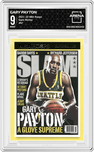 Gary Payton from the 2021-22 Panini NBA Hoops set featuring a Winter parallel graded by Arena Club and given an overall grade of 9.