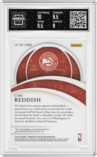 Cam Reddish from the 2019-20 Panini Immaculate Collection set graded by Arena Club and given an overall grade of 9.5.