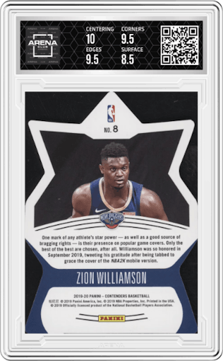 Zion Williamson from the 2019-20 Panini Contenders set graded by Arena Club and given an overall grade of 9.