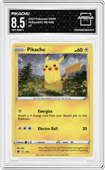 Pikachu from the 2022 Pokemon SWSH set graded by Arena Club and given an overall grade of 8.5.