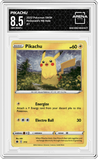 Pikachu from the 2022 Pokemon SWSH set graded by Arena Club and given an overall grade of 8.5.