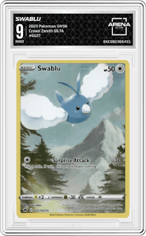 Swablu from the 2023 Pokemon SWSH set graded by Arena Club and given an overall grade of 9.
