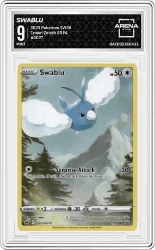 Swablu from the 2023 Pokemon SWSH set graded by Arena Club and given an overall grade of 9.