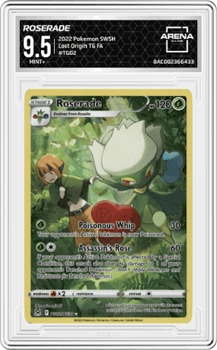 Roserade from the 2022 Pokemon SWSH set graded by Arena Club and given an overall grade of 9.5.