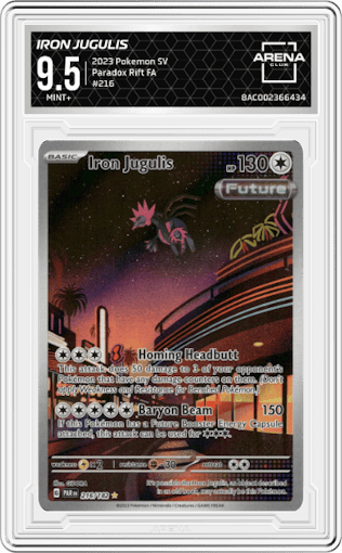 Iron Jugulis from the 2023 Pokemon SV set graded by Arena Club and given an overall grade of 9.5.
