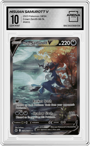Hisuian Samurott V from the 2023 Pokemon SWSH set graded by Arena Club and given an overall grade of 10.