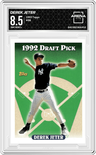 Derek Jeter from the 1993 Topps set graded by Arena Club and given an overall grade of 8.5.