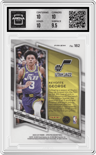 Keyonte George from the 2023-24 Panini Spectra set featuring a Menagerie parallel graded by Arena Club and given an overall grade of 10.