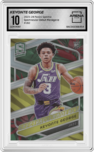 Keyonte George from the 2023-24 Panini Spectra set featuring a Menagerie parallel graded by Arena Club and given an overall grade of 10.