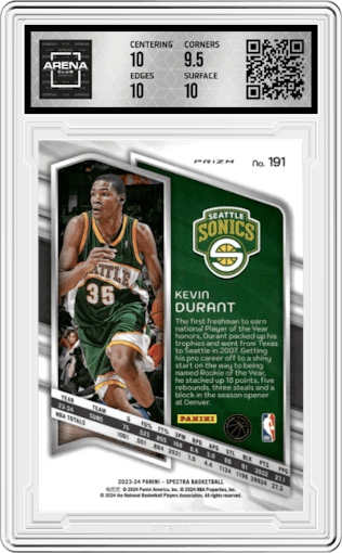 Kevin Durant from the 2023-24 Panini Spectra set featuring a International Black & White  parallel graded by Arena Club and given an overall grade of 10.