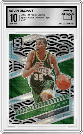 Kevin Durant from the 2023-24 Panini Spectra set featuring a International Black & White  parallel graded by Arena Club and given an overall grade of 10.