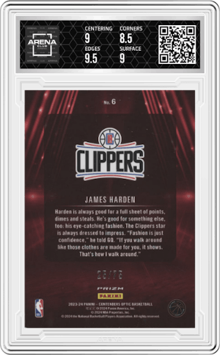 James Harden from the 2023-24 Panini Contenders Optic set featuring a Blue Cracked Ice parallel graded by Arena Club and given an overall grade of 9.