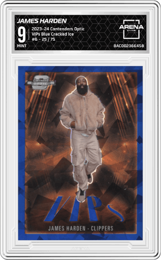 James Harden from the 2023-24 Panini Contenders Optic set featuring a Blue Cracked Ice parallel graded by Arena Club and given an overall grade of 9.