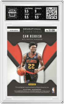 Cam Reddish from the 2019-20 Panini Prizm set featuring a Silver Prizm parallel graded by Arena Club and given an overall grade of 9.5.