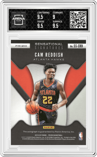Cam Reddish from the 2019-20 Panini Prizm set featuring a Silver Prizm parallel graded by Arena Club and given an overall grade of 9.5.