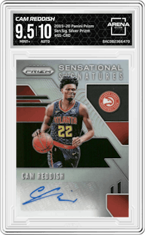 Cam Reddish from the 2019-20 Panini Prizm set featuring a Silver Prizm parallel graded by Arena Club and given an overall grade of 9.5.