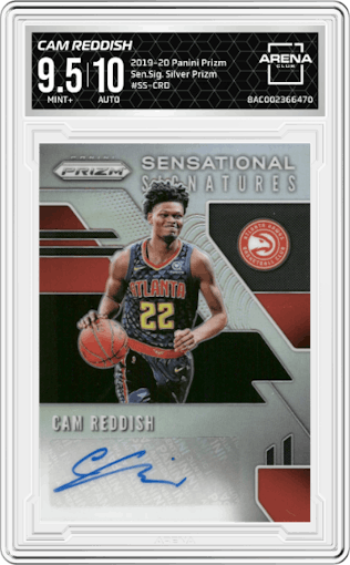 Cam Reddish from the 2019-20 Panini Prizm set featuring a Silver Prizm parallel graded by Arena Club and given an overall grade of 9.5.