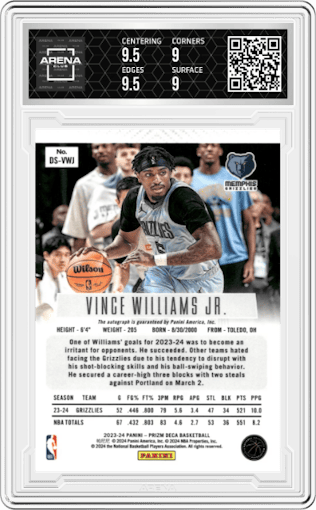 Vince Williams Jr.  from the 2023-24 Panini Prizm Deca set graded by Arena Club and given an overall grade of 9.5.
