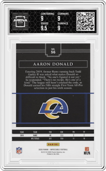 Aaron Donald from the 2020 Panini Impeccable set featuring a Gold parallel graded by Arena Club and given an overall grade of 9.