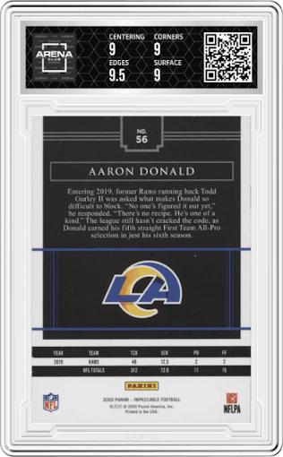 Aaron Donald from the 2020 Panini Impeccable set featuring a Gold parallel graded by Arena Club and given an overall grade of 9.