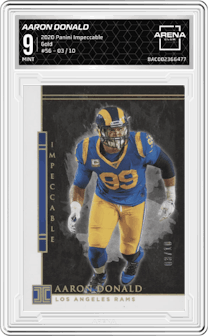 Aaron Donald from the 2020 Panini Impeccable set featuring a Gold parallel graded by Arena Club and given an overall grade of 9.