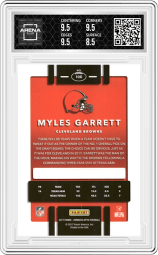 Myles Garrett from the 2017 Panini Donruss Optic set graded by Arena Club and given an overall grade of 9.
