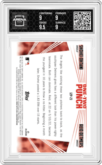 Shohei Ohtani/Reid Detmers from the 2023 Topps Series 1 set featuring a Blue parallel graded by Arena Club and given an overall grade of 9.