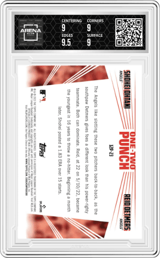 Shohei Ohtani/Reid Detmers from the 2023 Topps Series 1 set featuring a Blue parallel graded by Arena Club and given an overall grade of 9.