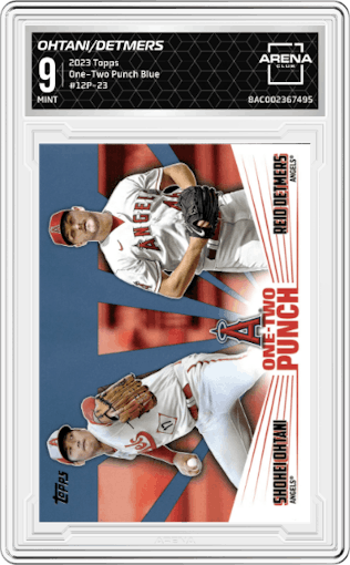 Shohei Ohtani/Reid Detmers from the 2023 Topps Series 1 set featuring a Blue parallel graded by Arena Club and given an overall grade of 9.