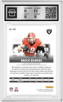 Brock Bowers from the 2024 Panini Prestige  set graded by Arena Club and given an overall grade of 10.