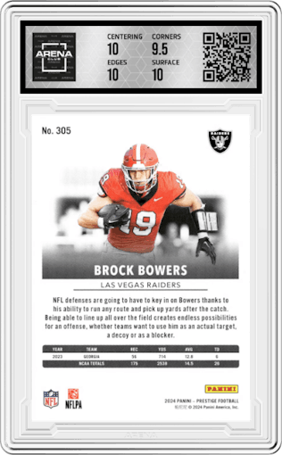 Brock Bowers from the 2024 Panini Prestige  set graded by Arena Club and given an overall grade of 10.