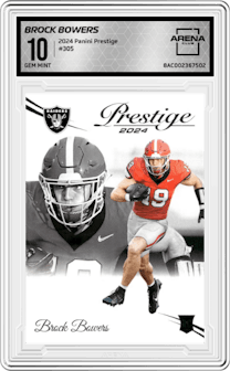 Brock Bowers from the 2024 Panini Prestige  set graded by Arena Club and given an overall grade of 10.