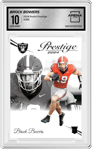 Brock Bowers from the 2024 Panini Prestige  set graded by Arena Club and given an overall grade of 10.