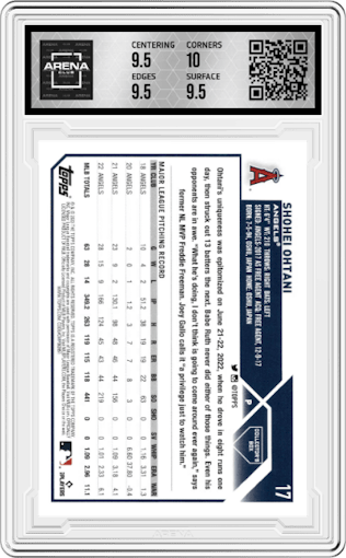 Shohei Ohtani from the 2023 Topps Series 1 set featuring a Silver Foil parallel graded by Arena Club and given an overall grade of 10.