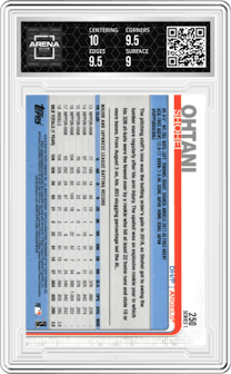 Shohei Ohtani from the 2019 Topps Series 1 set graded by Arena Club and given an overall grade of 9.5.