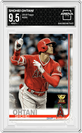 Shohei Ohtani from the 2019 Topps Series 1 set graded by Arena Club and given an overall grade of 9.5.