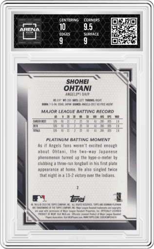 Shohei Ohtani from the 2019 Bowman Platinum set graded by Arena Club and given an overall grade of 9.5.