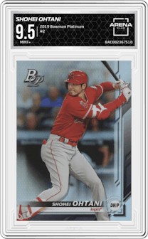 Shohei Ohtani from the 2019 Bowman Platinum set graded by Arena Club and given an overall grade of 9.5.