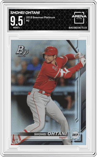 Shohei Ohtani from the 2019 Bowman Platinum set graded by Arena Club and given an overall grade of 9.5.