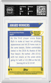 Shohei Ohtani from the 2019 Topps Heritage HN set graded by Arena Club and given an overall grade of 9.5.