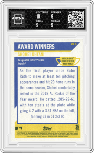 Shohei Ohtani from the 2019 Topps Heritage HN set graded by Arena Club and given an overall grade of 9.5.