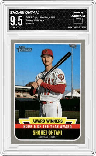Shohei Ohtani from the 2019 Topps Heritage HN set graded by Arena Club and given an overall grade of 9.5.