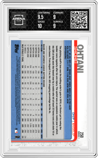 Shohei Ohtani from the 2019 Topps Series 1 set graded by Arena Club and given an overall grade of 9.5.