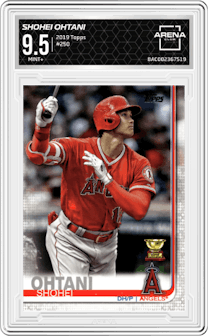 Shohei Ohtani from the 2019 Topps Series 1 set graded by Arena Club and given an overall grade of 9.5.