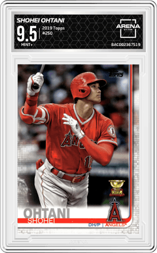 Shohei Ohtani from the 2019 Topps Series 1 set graded by Arena Club and given an overall grade of 9.5.