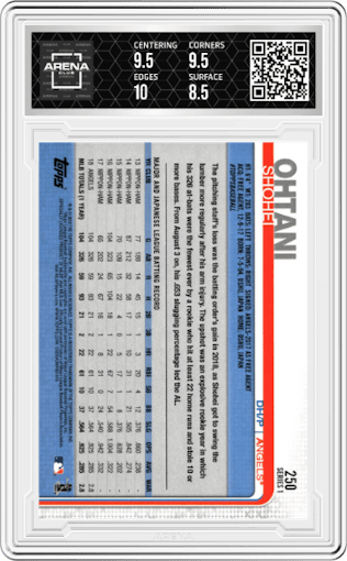 Shohei Ohtani from the 2019 Topps Series 1 set graded by Arena Club and given an overall grade of 9.