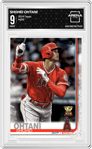 Shohei Ohtani from the 2019 Topps Series 1 set graded by Arena Club and given an overall grade of 9.